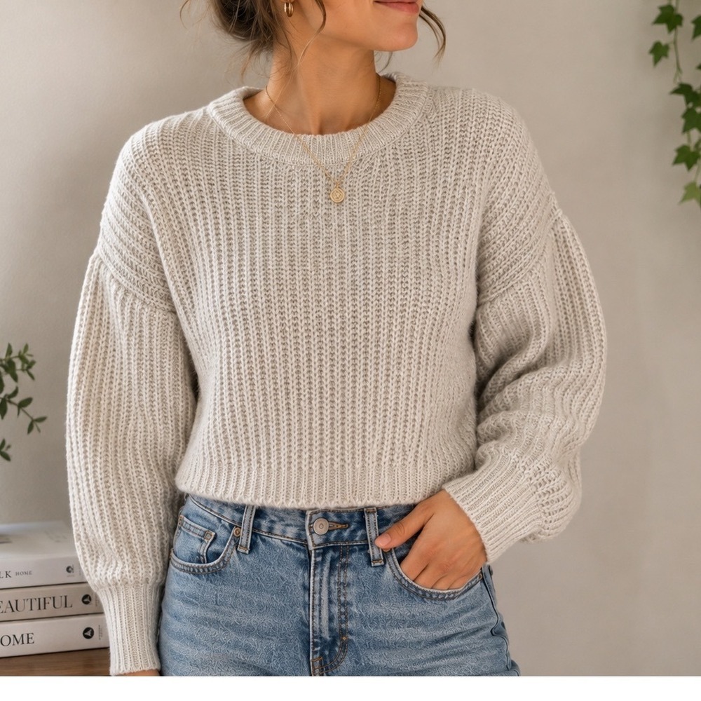 Zara Womens Beige Marl Chunky Rib Knit Puff Sleeve Cropped Sweater Size Medium